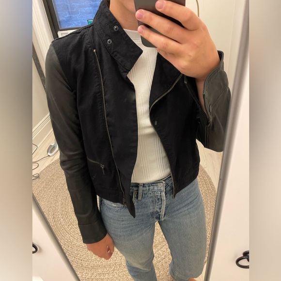 rag & bone Denim Moto Jacket with Leather Sleeves, Black, Extra Small - Picture 8 of 9